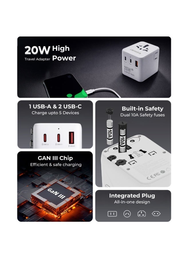 محول سفر عالمي بقدرة 20 واط، قابس شاحن سريع بتقنية USB-C PD GaN III مع 2 منافذ USB-C ومنفذ USB-A واحد للأجهزة اللوحية والهواتف – محول قابس دولي من النوع G/A/C/I للإمارات والمملكة المتحدة وأوروبا والولايات المتحدة وأستراليا - Image 5
